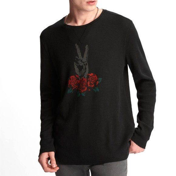 John Varvatos Peace Sign Roses Waffle Crew T-Shirt - Picture 2 of 5